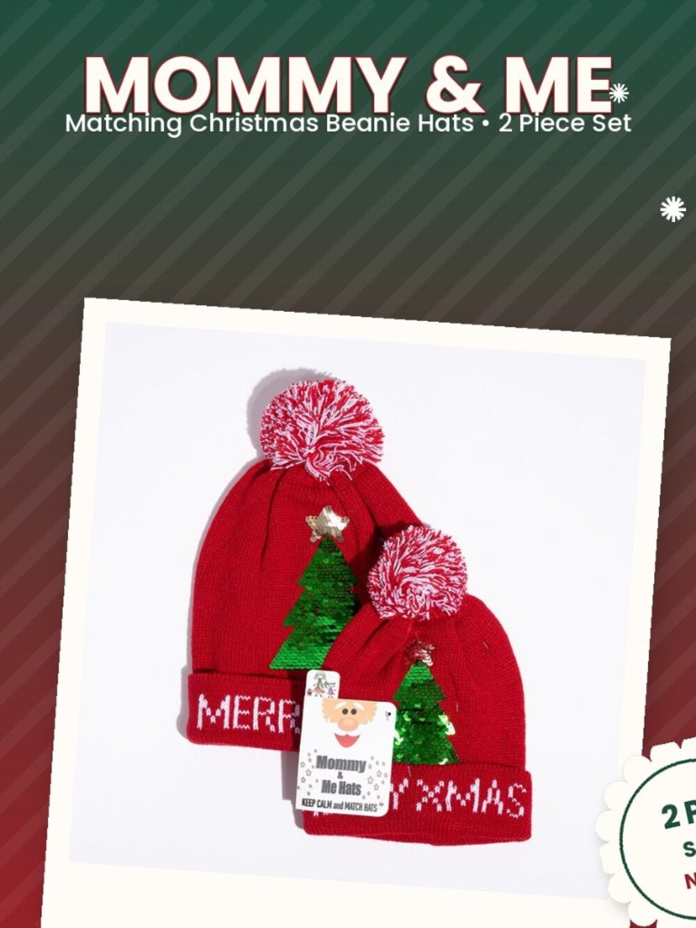 Mommy & Me Christmas Beanie Hat Set 2pc Sequin Tree Pom Pom